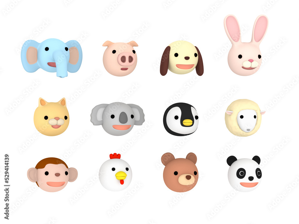 Animal character faces illustration set Right facing , 3D illustration Animal character faces illustration set Right facing , 3D illustration