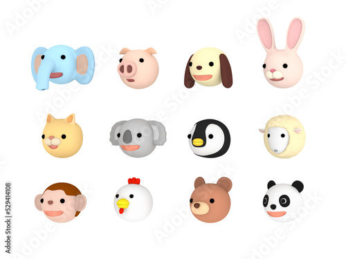 Animal character faces illustration set Left facing , 3D illustration