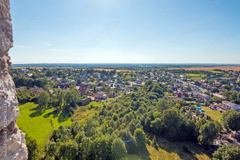 Aerial view from medieval castle in Ogrodzieniec, Poland. One of strongholds called Eagles Nests in Polish Jurassic Highland in Silesia.