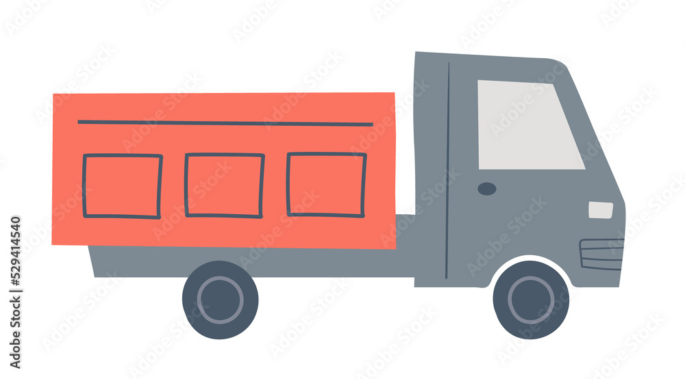 Cute kids car. Funny transport in hand drawn style for design of kids map, pre school education, textiles. Cartoon red truck illustration Cute kids car. Funny transport in hand drawn style for design of kids map, pre school education, textiles. Cartoon red truck illustration