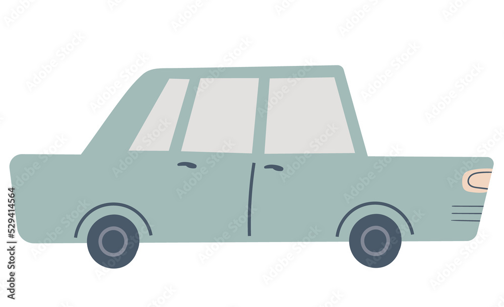 Cute kids car isolated on a white background. Road trip. Travel concept. Funny transport in hand drawn style for design of kids map,  pre school education, textiles. Cartoon vector illustration