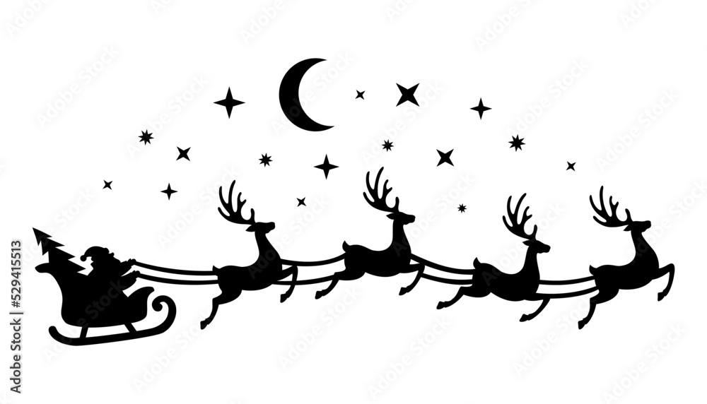 Santa’s sleigh with reindeer flies across the sky.Vector silhouette
