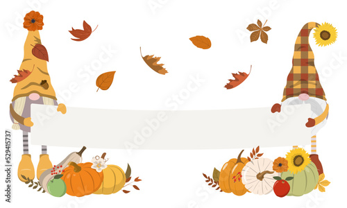 Cartoon fall harvest gnomes holding an empty banner with space for text, pumpkin arrangements, and fallen leaves. Isolated on white background. Fall harvest festival design.
