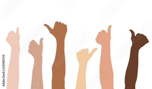 Multiracial male and female hands. Audience greeting showing cheer expression, giving positive feedback and support. Hand thumbs up.