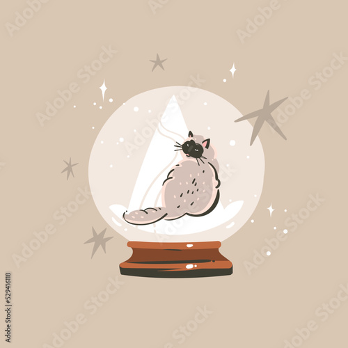 Hand drawn vector abstract graphic Merry Christmas and Happy new year clipart illustration of cat character.Cat in snow globe.Merry Christmas cute animals card design background.Winter holiday art.