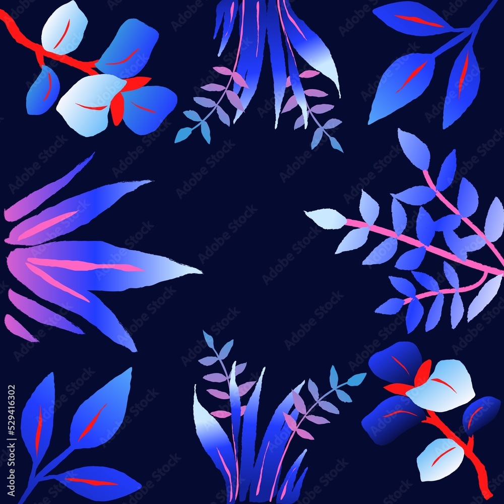 Tropical background with jungle plants frame. Palm leaves. Floral exotic hawaiian wallpaper design. 