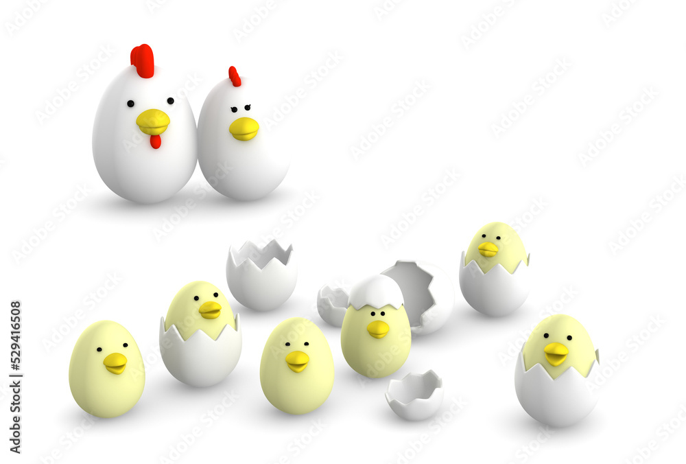 Egg shaped chicken family, 3d illustration Egg shaped chicken family, 3d illustration