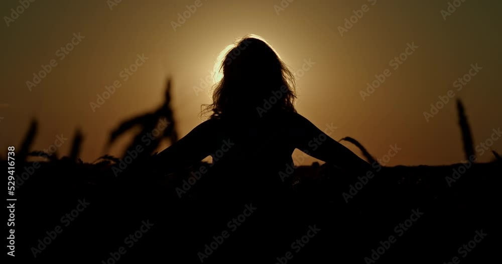 Silhouette of a woman in a field at sunset, the moon is shining in the ...