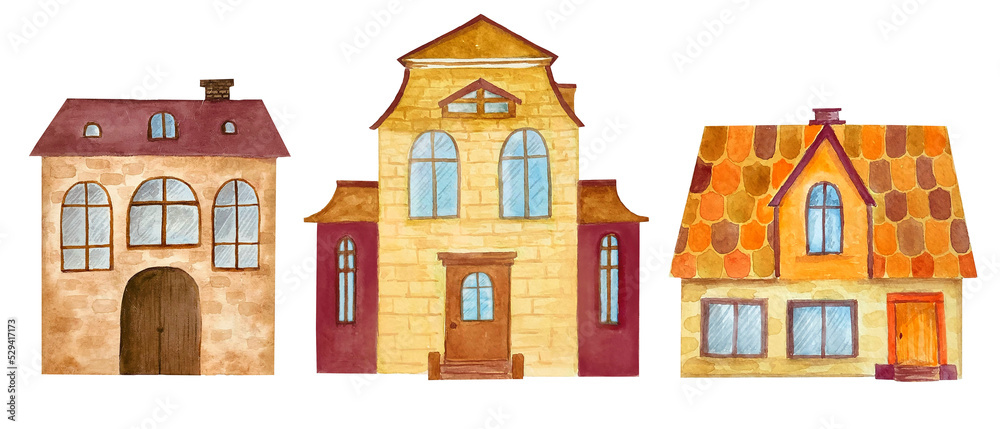 Country houses isolated on white background. Watercolor hand drawn illustration.