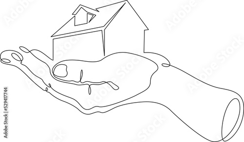 One continuous line. Residential building in the palm of your hand. Private residential building. Open hand gesture. One continuous line is drawn on a white background.