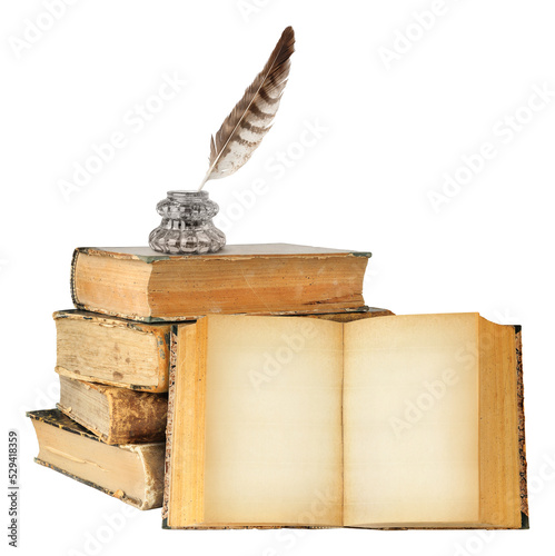 Fotografía Old books with copy space, ink bottle and quill cut out