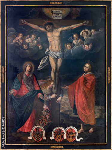 Leinwand Poster LUZERN, SWITZERLAND - JUNY 24, 2022: The painitng of Crucifixion in the church St
