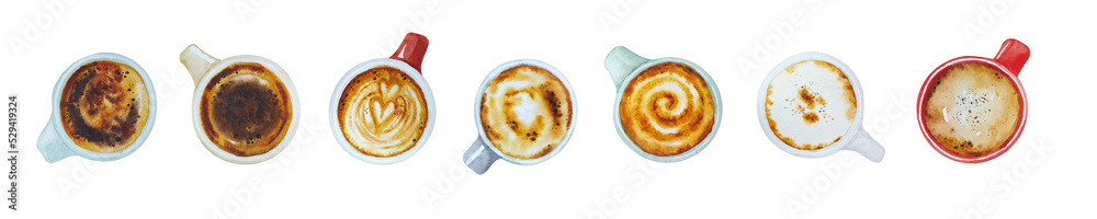 Watercolor set of cup of coffee, latte, capuccino, espresso. For cafe menu, for barista, for stickers and postcards, for all, who like coffee. Watercolor set of cup of coffee, latte, capuccino, espresso. For cafe menu, for barista, for stickers and postcards, for all, who like coffee.