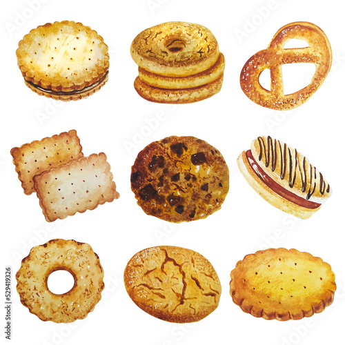Watercolor bakery clipart set of cookies. For cafe menu, for barista, for stickers and postcards, for all, who like fresh pastry