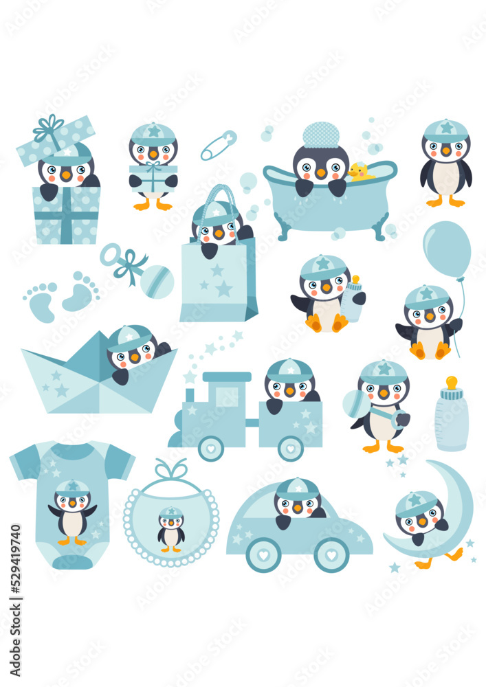 Set of blue digital elements with cute baby boy penguin Set of blue digital elements with cute baby boy penguin