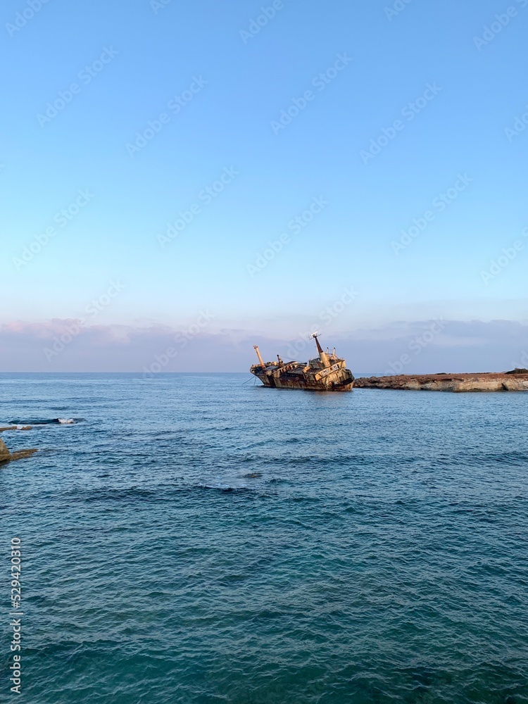 Shipwreck near Sea caves Paphos Seashore. sunrise