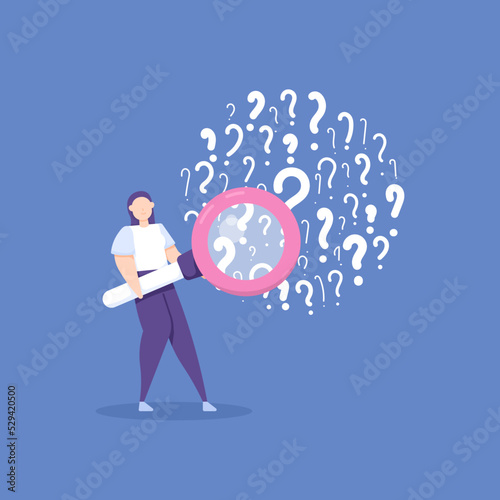 full of problems and questions. finding solutions, solving problems, looking for answers and clues. a woman uses a magnifying glass to solve problems and make decisions. cartoon concept illustration