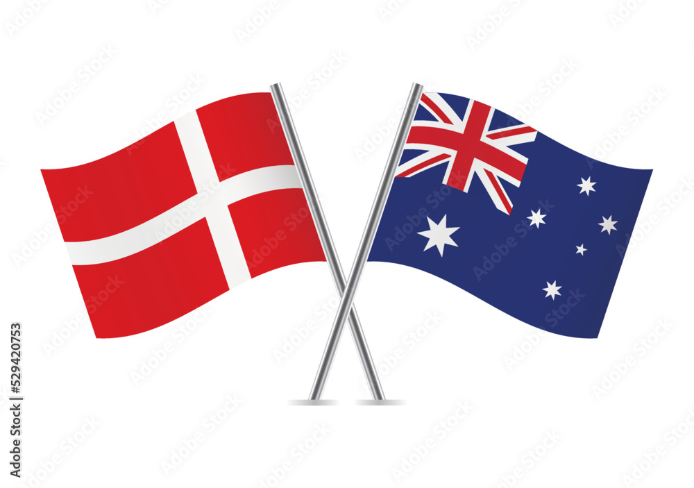 Denmark and Australia crossed flags. Danish and Australian flags on white background. Vector icon set. Vector illustration.