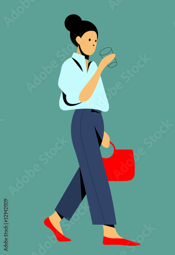 vector flat design illustration of a beautiful girl in fashionable clothes walking down the street and drinking coffee or a cold drink. useful for web, graphic design, print, coffee shop advertising.