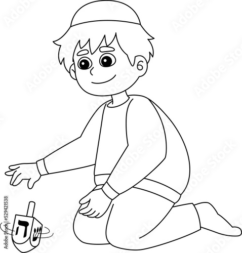 Hanukkah Boy Playing Dreidel Isolated Coloring 