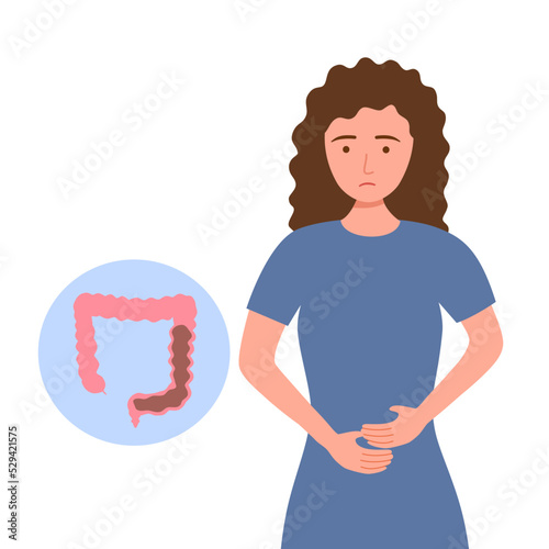 Young woman suffering from constipation symptom in flat design on white background.