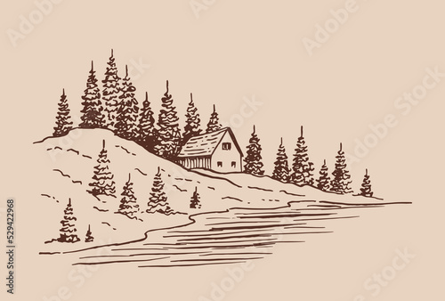 Landscape with pine trees and country house. Hand drawn illustration converted to vector.