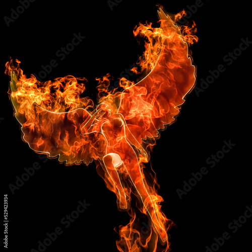 3D Rendering of an Angel Burns up in a Hot Fire Flame