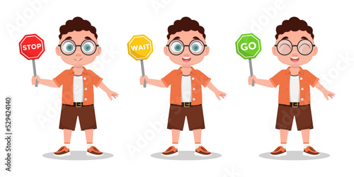 Boys set, schoolboy with road sign. Vector illustration