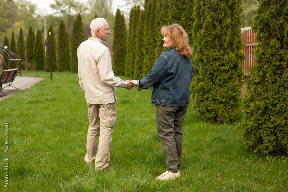 Senior couple walking in autumn or summer park Senior couple walking in autumn or summer park