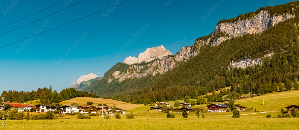 Beautiful alpine summer view with the famous Wilder Kaiser mountains near Sankt Johann, Tyrol, Austria