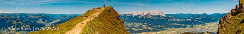 High resolution stitched panorama at the famous Kitzbueheler Horn summit, Kitzbuehel, Wilder Kaiser, Tyrol, Austria