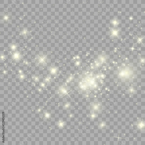 White sparks and golden stars glitter special light effect. Vector sparkles on transparent background. Christmas abstract pattern. Sparkling magic dust particles	