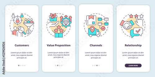 Business model canvas onboarding mobile app screen. Management walkthrough 4 steps editable graphic instructions with linear concepts. UI, UX, GUI template. Myriad Pro-Bold, Regular fonts used