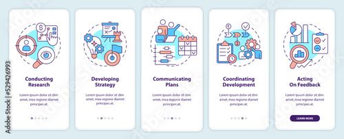 Product management onboarding mobile app screen. Business walkthrough 5 steps editable graphic instructions with linear concepts. UI, UX, GUI template. Myriad Pro-Bold, Regular fonts used