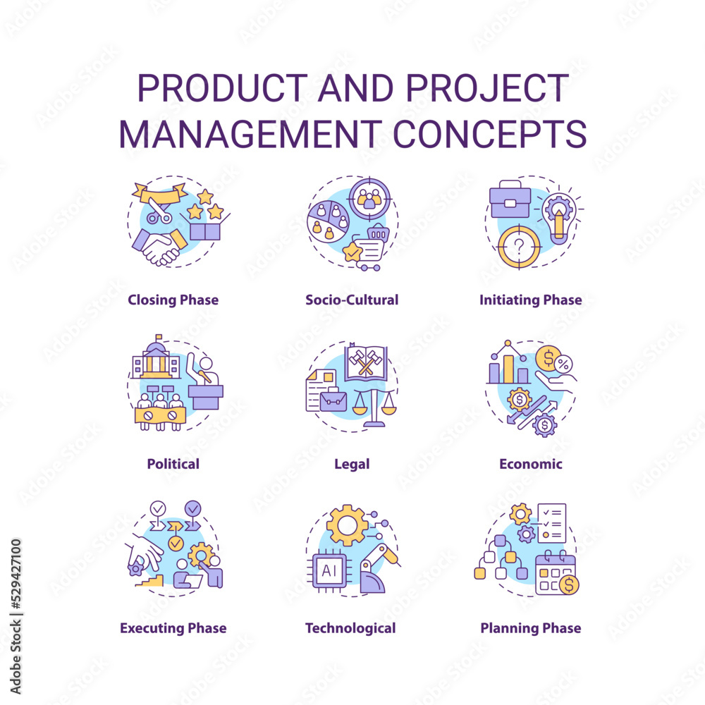 Product and project management concept icons set. From manufacture to promotion idea thin line color illustrations. Isolated symbols. Editable stroke. Roboto-Medium, Myriad Pro-Bold fonts used