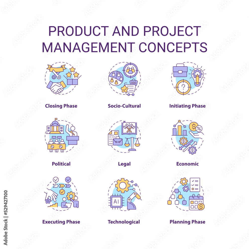 Product and project management concept icons set. From manufacture to promotion idea thin line color illustrations. Isolated symbols. Editable stroke. Roboto-Medium, Myriad Pro-Bold fonts used Product and project management concept icons set. From manufacture to promotion idea thin line color illustrations. Isolated symbols. Editable stroke. Roboto-Medium, Myriad Pro-Bold fonts used