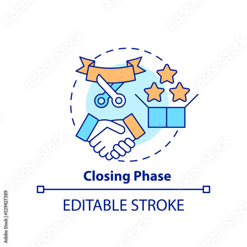 Closing phase concept icon. Work finish stage. Project management abstract idea thin line illustration. Isolated outline drawing. Editable stroke. Arial, Myriad Pro-Bold fonts used