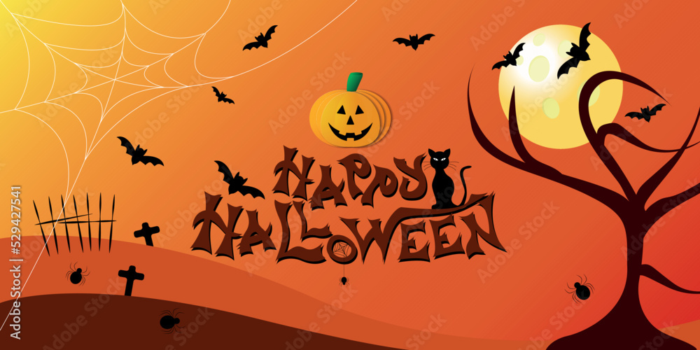 Halloween night business card, advertisement or banner for social networks. Spider web, bats flying around a big moon in a cemetery and smiling pumpkins