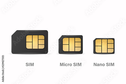 Vector 3d Realistic Black Plastic Sim, Micro Sim, Nano Sim Card Template Set Isolated. Design Template of Sim Card for Mockup, Branding. Front View photo