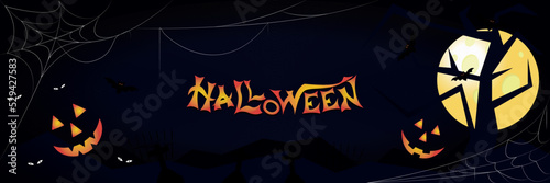 Business card, advertisement or web banner with smiling pumpkins, spider webs and evil eyes. Dark blue graveyard background for writing messages or congratulating Halloween