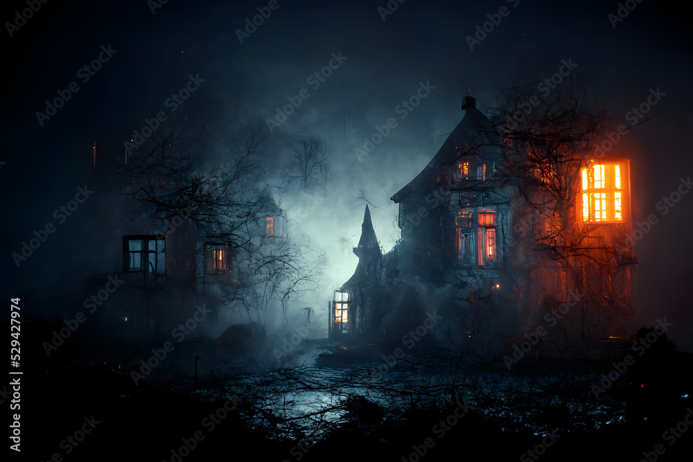 Fototapeta dark haunted house with illuminated windows at spooky misty