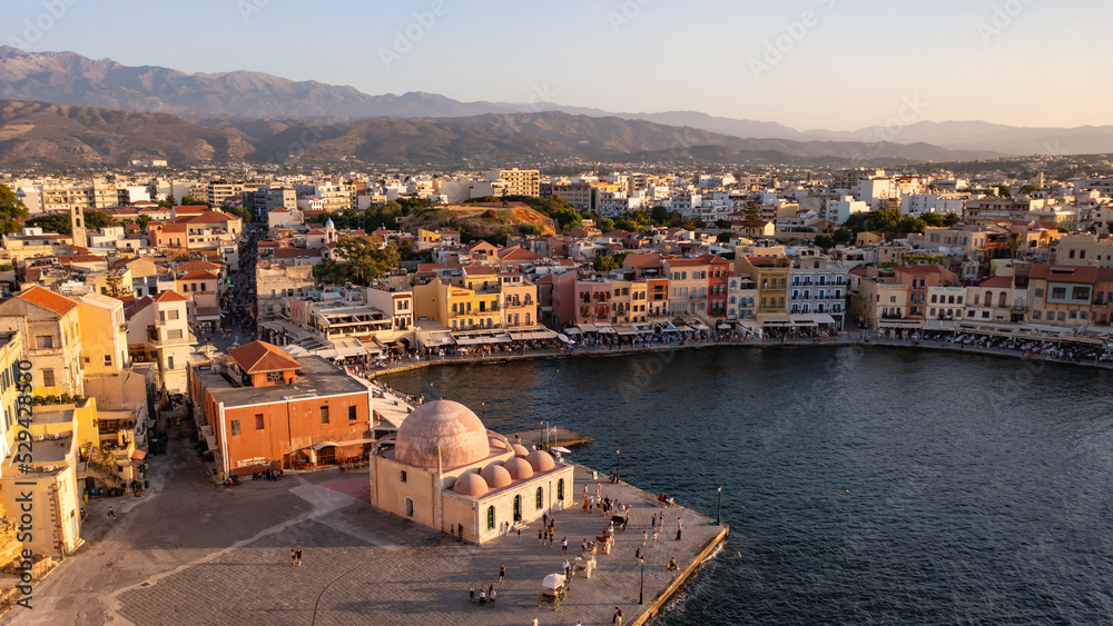 Landscape of the city of Rethymno, photo of Greece from a drone, aerial view