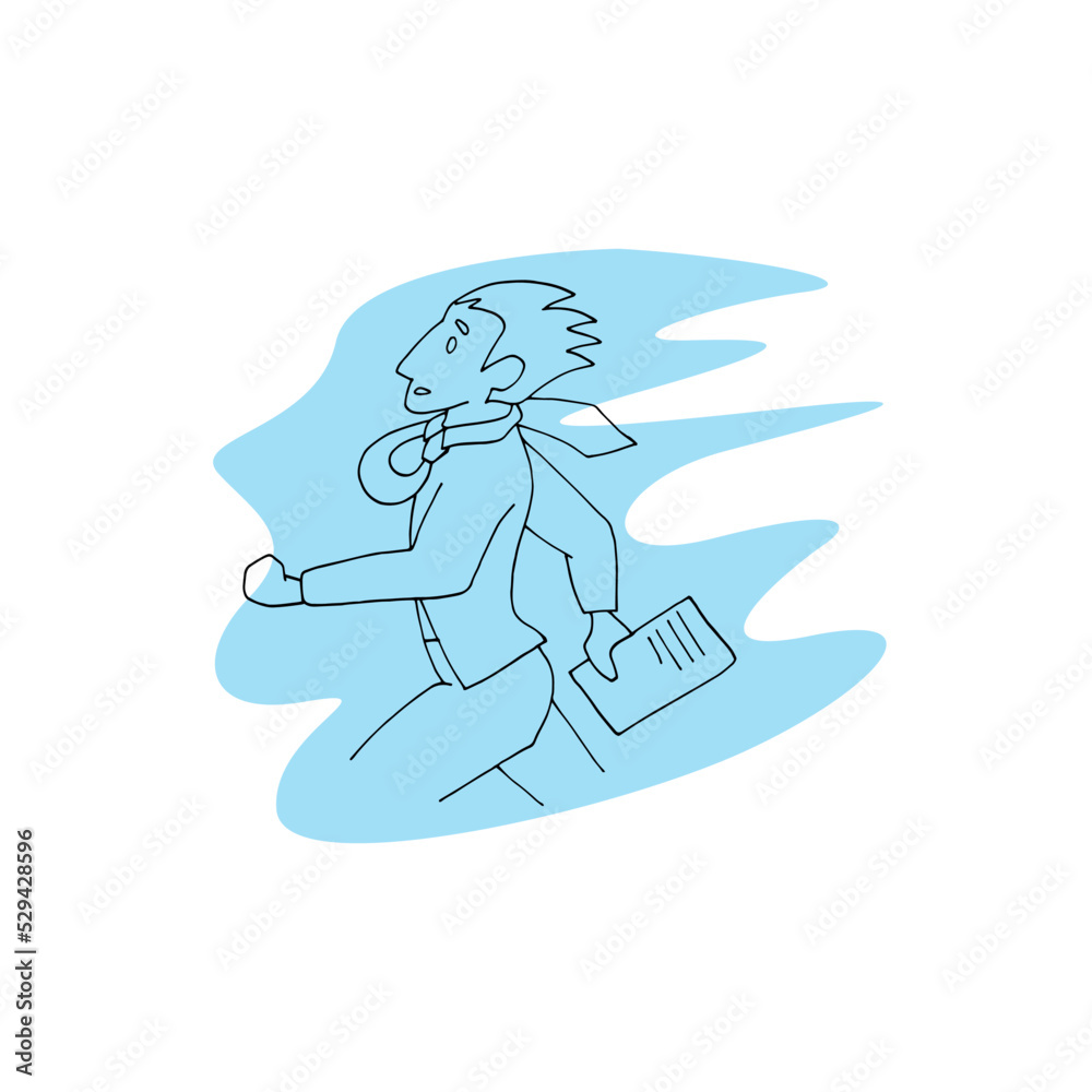 Running office worker, late manager. A man in a suit hurries with documents in his hands. Vector illustration conveying the mood. Office life