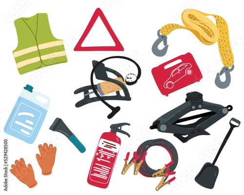 Motorist road set: tow rope, fire extinguisher, signal vest, warning triangle, cigarette lighter wires, first aid kit, jack, gloves, windshield wiper, compressor. Vector illustration