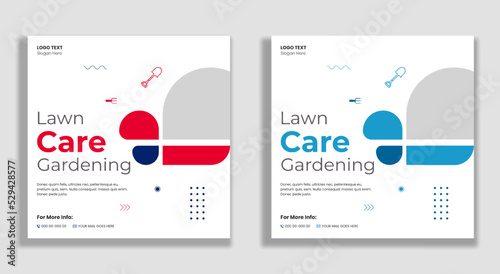 Lawn mower care gardening service social media and web banner