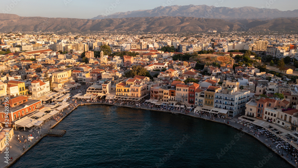 Landscape of the city of Rethymno, photo of Greece from a drone, aerial view
