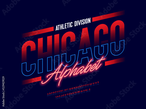 sports style alphabet design with uppercase, numbers and symbols
