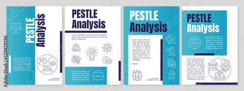 PESTLE analysis blue brochure template. Management tool. Leaflet design with linear icons. Editable 4 vector layouts for presentation, annual reports. Anton, Lato-Regular fonts used