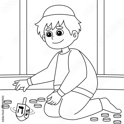 Hanukkah Boy Playing Dreidel Coloring Page 