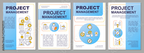 Project management blue brochure template. Business development. Leaflet design with linear icons. 4 vector layouts for presentation, annual reports. Arial, Myriad Pro-Regular fonts used